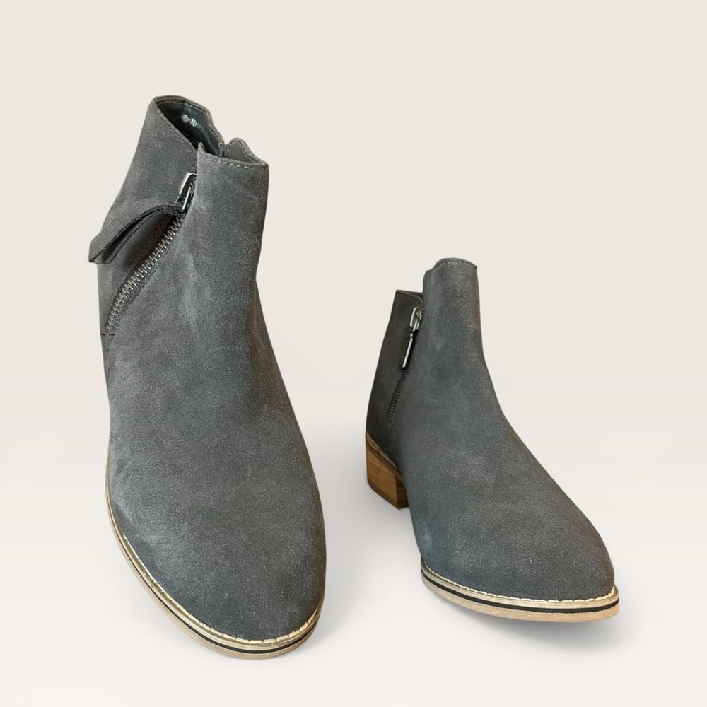 Blondo Waterproof Suede Booties Gray Block Heel Ankle Dual Zip Boots 7.5M